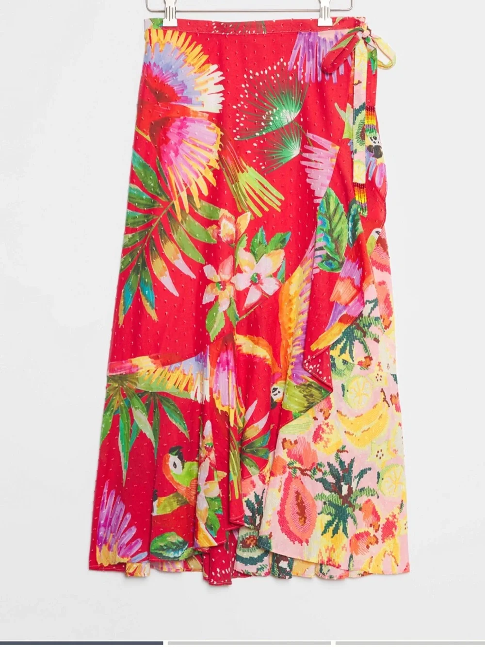 Farm Rio Nadya Wrap Midi Skirt Red Macaw Size Large - Picture 2 of 11